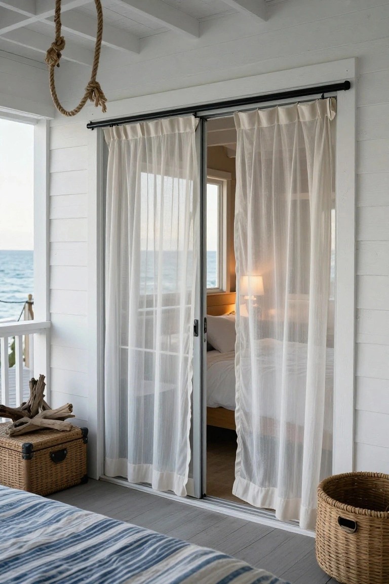 Balcony deck with open sliding glass doors covered in sheer white curtains, showing a bedroom bed and lamp inside, with ocean view, wicker baskets, and driftwood nearby.