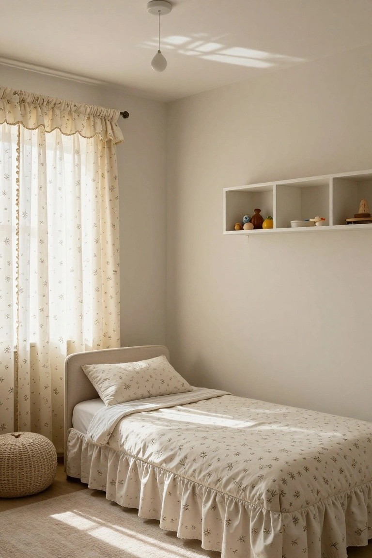 Beige-toned child's bedroom with a low single bed covered in a ruffled quilt, sheer embroidered curtains on a tall window, floating white shelves holding wooden toys, and a woven pouf stool on a light wood floor.