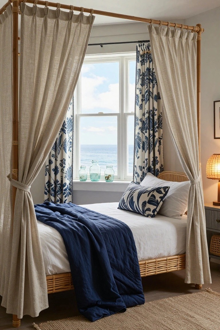 Bedroom interior with bamboo four-poster bed draped in sheer beige linen curtains, navy blue quilt and pillows, blue patterned window curtains, glass bottles on windowsill overlooking ocean, rattan lamp on side table.