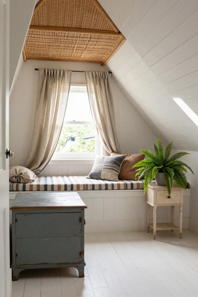Attic bedroom interior with white shiplap walls and woven ceiling, featuring a cushioned window seat under beige linen curtains on a window, a potted fern, and wooden furniture on white floors.