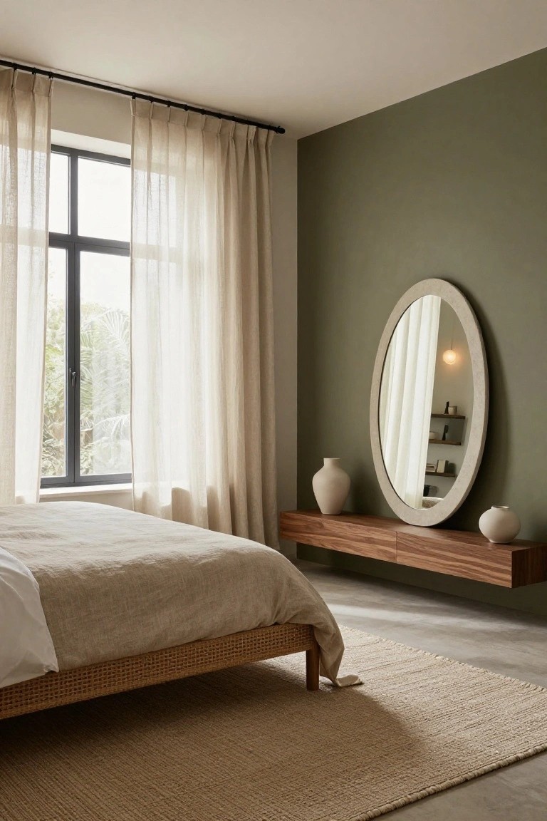 Bedroom with low rattan bed draped in white and beige linens, sheer beige curtains on black rod over large black-framed window, oval beige-framed mirror on green wall with wood shelf and white vases, seagrass rug on concrete floor.