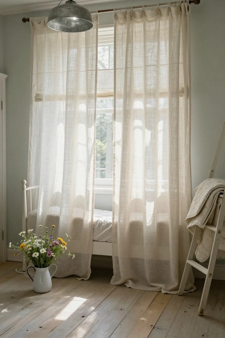 A bedroom corner with long sheer white linen curtains on a window, a daybed with white bedding and a folded quilt, a white metal ladder, a galvanized pendant light, and a white pitcher of wildflowers on light wood floors.