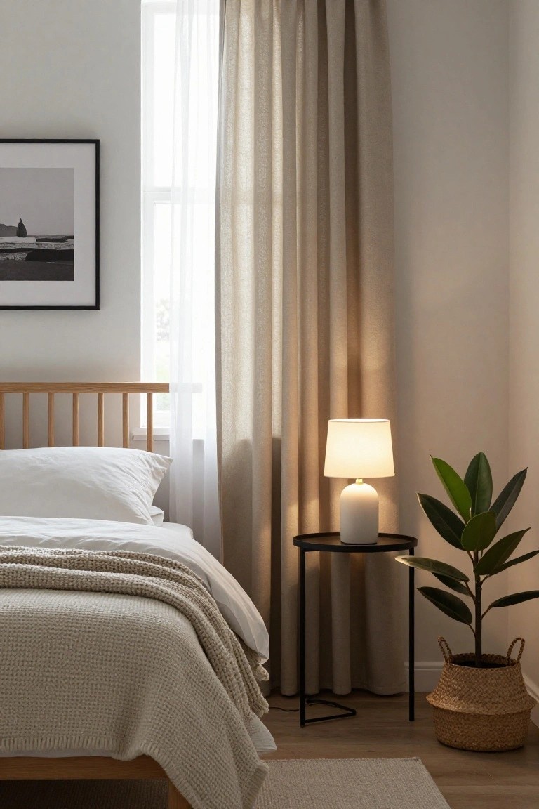 Bedroom corner showing a wooden bed frame with white sheets, pillows, and beige knit throw draped over, next to a black metal bedside table with white ceramic lamp and potted plant in woven basket, tall beige linen curtains on window with sheer inner layer, light wood floor and neutral walls.