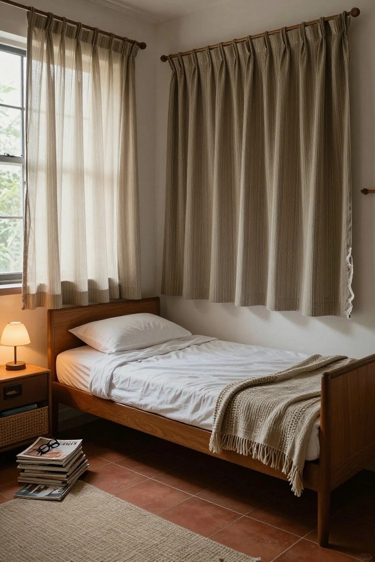 Corner of a bedroom with wooden single bed, white sheets, beige knit throw, nightstand holding lamp and stacked magazines with glasses, sheer curtains on one window and pleated beige linen curtains on another, over terracotta tile floor and neutral rug.