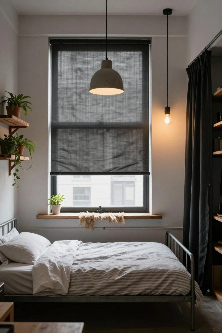 A small bedroom with a metal single bed covered in white striped sheets and pillows, dark textured roller shades on a large window with a wooden sill, potted plants on wall shelves, fur throws, black curtains, and warm pendant lights.