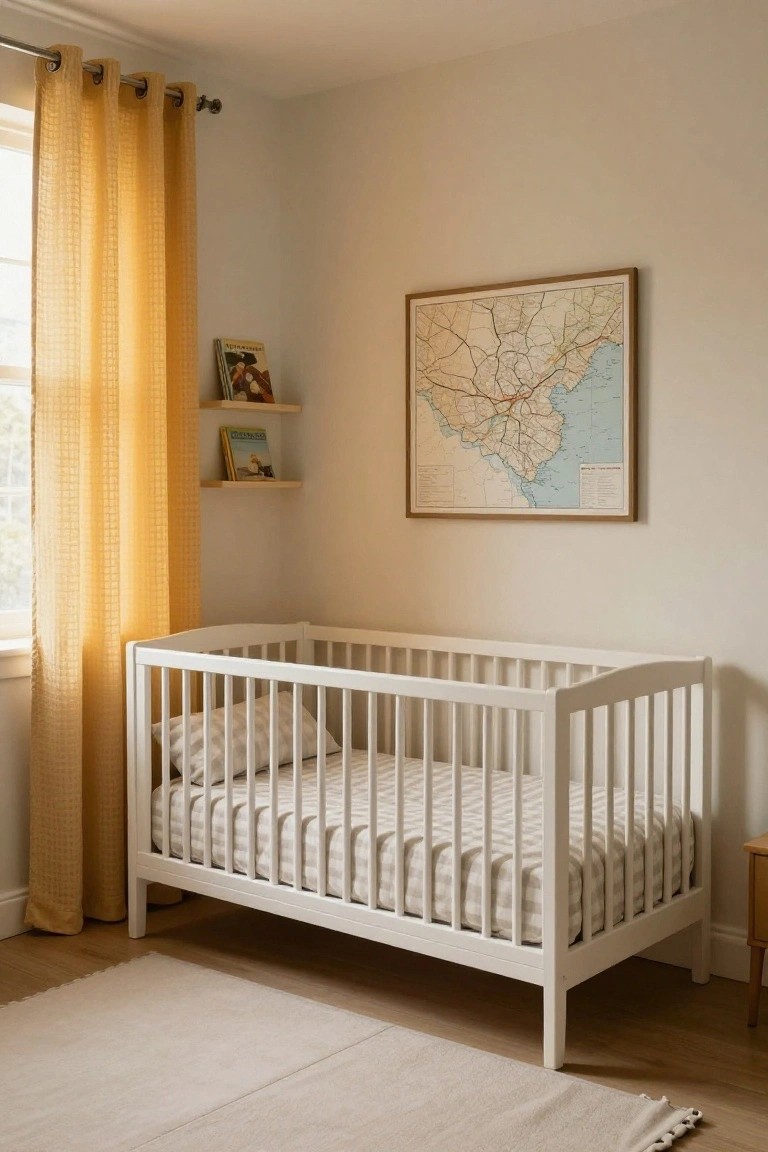A nursery with a white wooden crib on a beige rug, amber textured sheer curtains on a window, a framed map on the wall, wooden shelves with children's books, and light wood flooring.