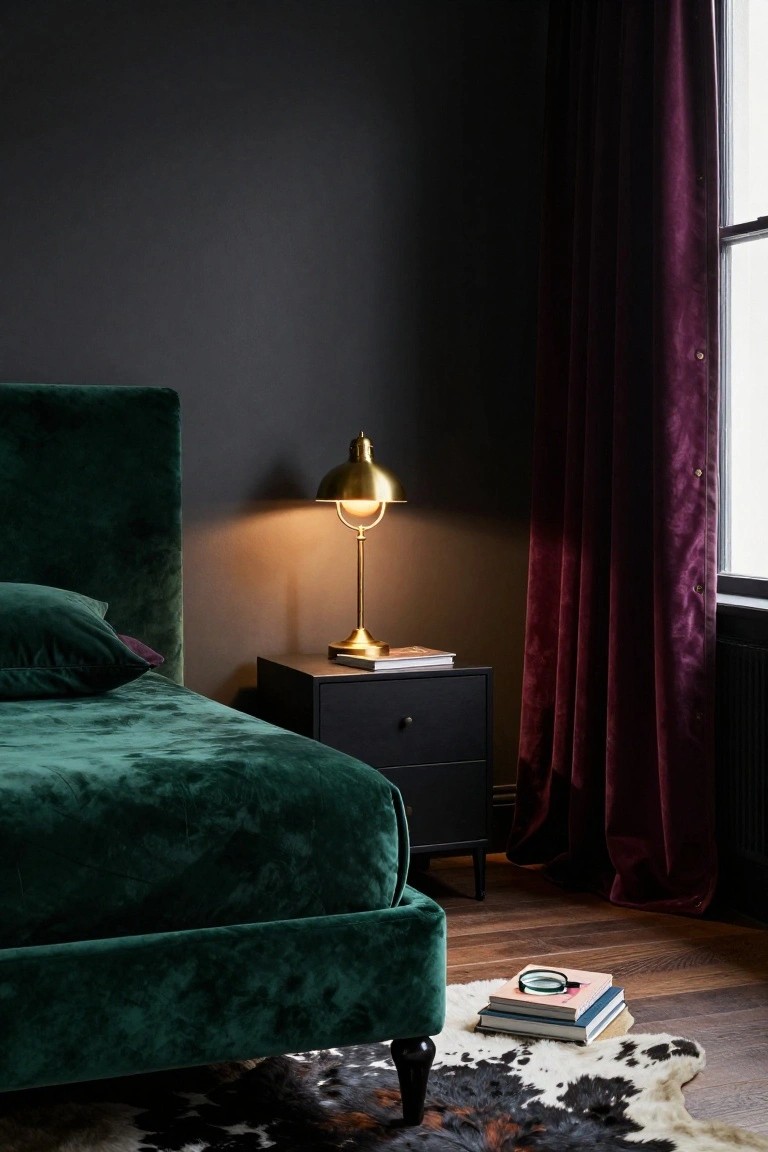Bedroom corner with emerald green velvet bed, black nightstand holding brass lamp and books, full-length deep purple velvet curtains on window, and cowhide rug on wood floor.