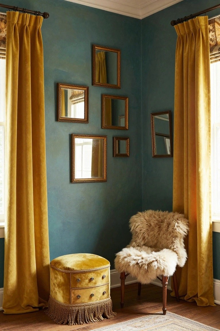 Teal corner room with mustard yellow velvet curtains framing two tall windows, various small gold-framed mirrors on walls, shaggy cream chair, yellow velvet ottoman, and wood floor with rug.
