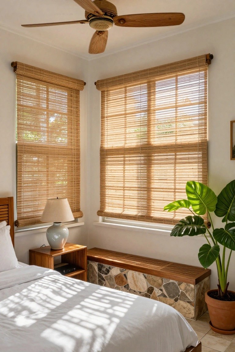 Bedroom interior with bamboo woven blinds on corner windows, white bed with pillows, wooden nightstand and bench, ceiling fan, table lamp, ceramic vase, and large monstera plant in terracotta pot.