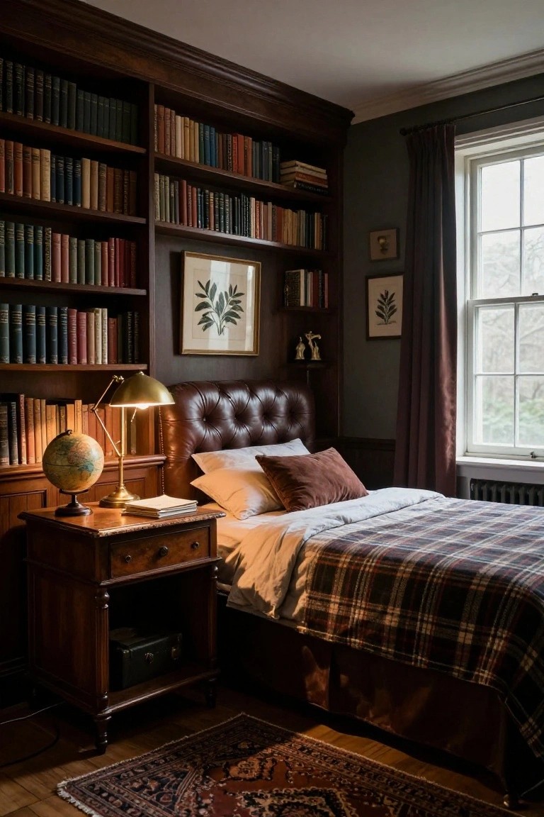 A cozy bedroom with dark wood built-in bookshelves on multiple walls filled with books, a tufted brown leather bed with white sheets and plaid blanket, wooden nightstand holding a brass lamp and globe, and a window with burgundy curtains.