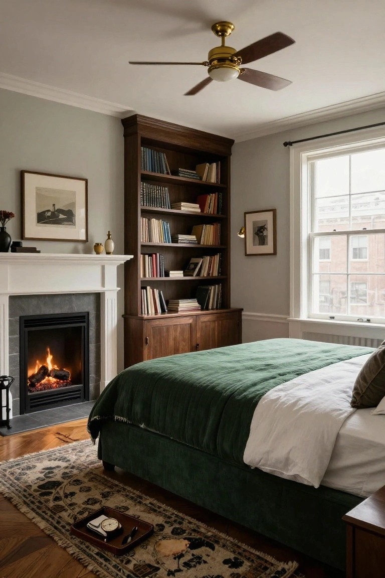 A bedroom with tall wooden bookshelves filled with books next to a white fireplace containing a burning gas fire log, a green velvet upholstered bed, hardwood floors, and a patterned rug.