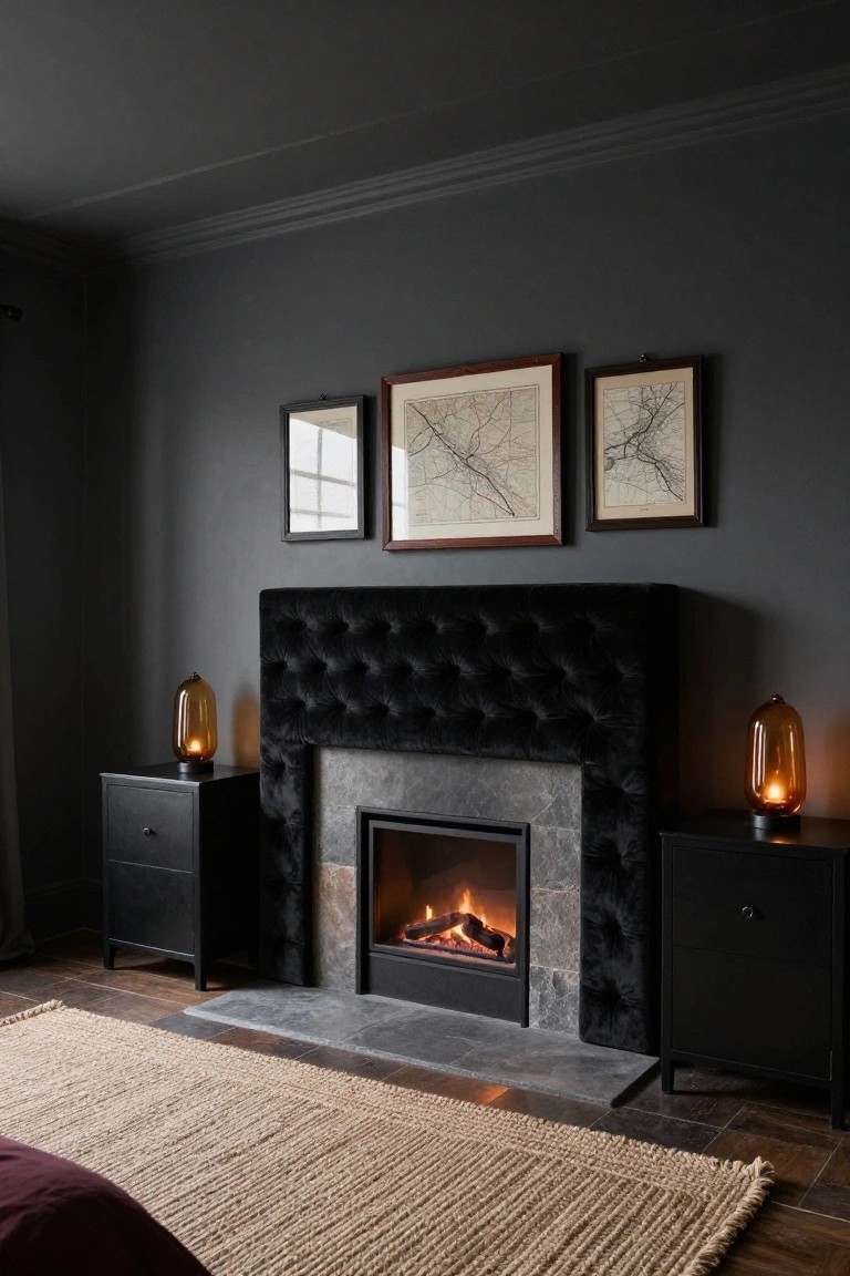 Dark gray bedroom with black tufted velvet fireplace mantel enclosing a gas fire, flanked by black nightstands holding amber glass lamps, three framed maps on walls, beige seagrass rug, wood floors, and edge of bed in corner.