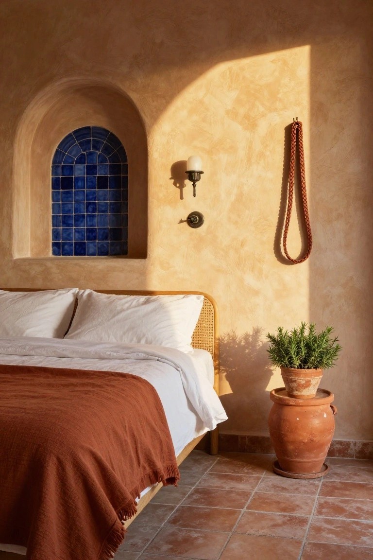 Bedroom with ochre textured walls, arched niche window covered in blue mosaic tiles, rattan bed frame with white pillows and sheets plus rust blanket, terracotta pot holding rosemary plant on matching terracotta tile floor, hanging braided rope, and wall sconce.