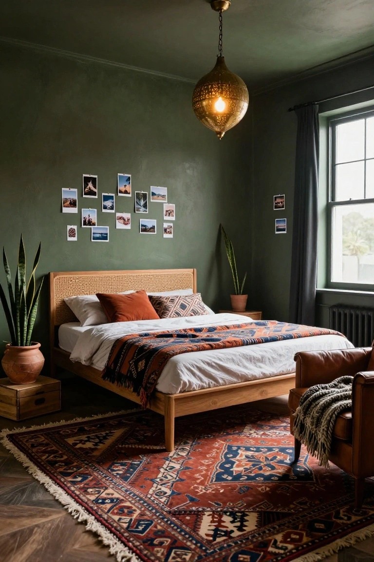 A bedroom with dark green textured walls, wooden bed with rattan headboard and colorful woven blanket, potted snake plants, leather armchair with throw, Persian rug, polaroid photos on wall, and brass Moroccan pendant light.