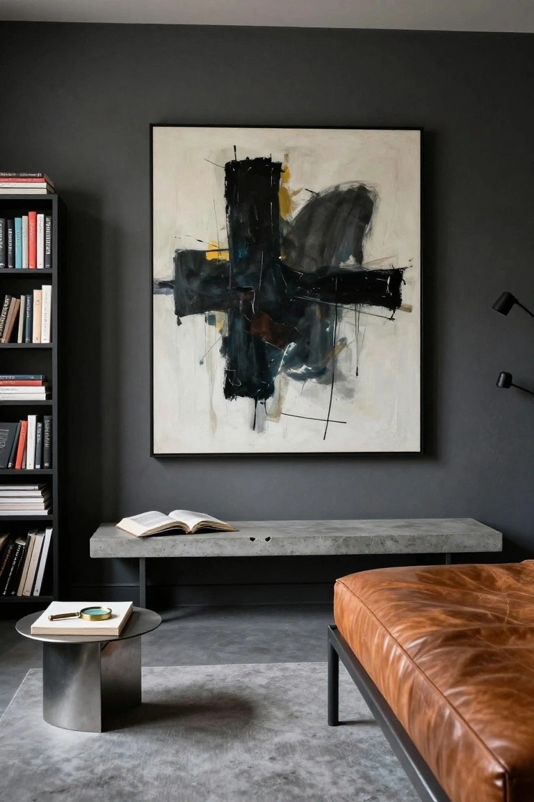 Dark gray interior room with tall wooden bookshelves filled with books, large framed abstract painting of black and yellow strokes on white canvas, gray concrete bench holding an open book, brushed metal side table with book and magnifying glass, and tan leather bench on polished concrete floor.