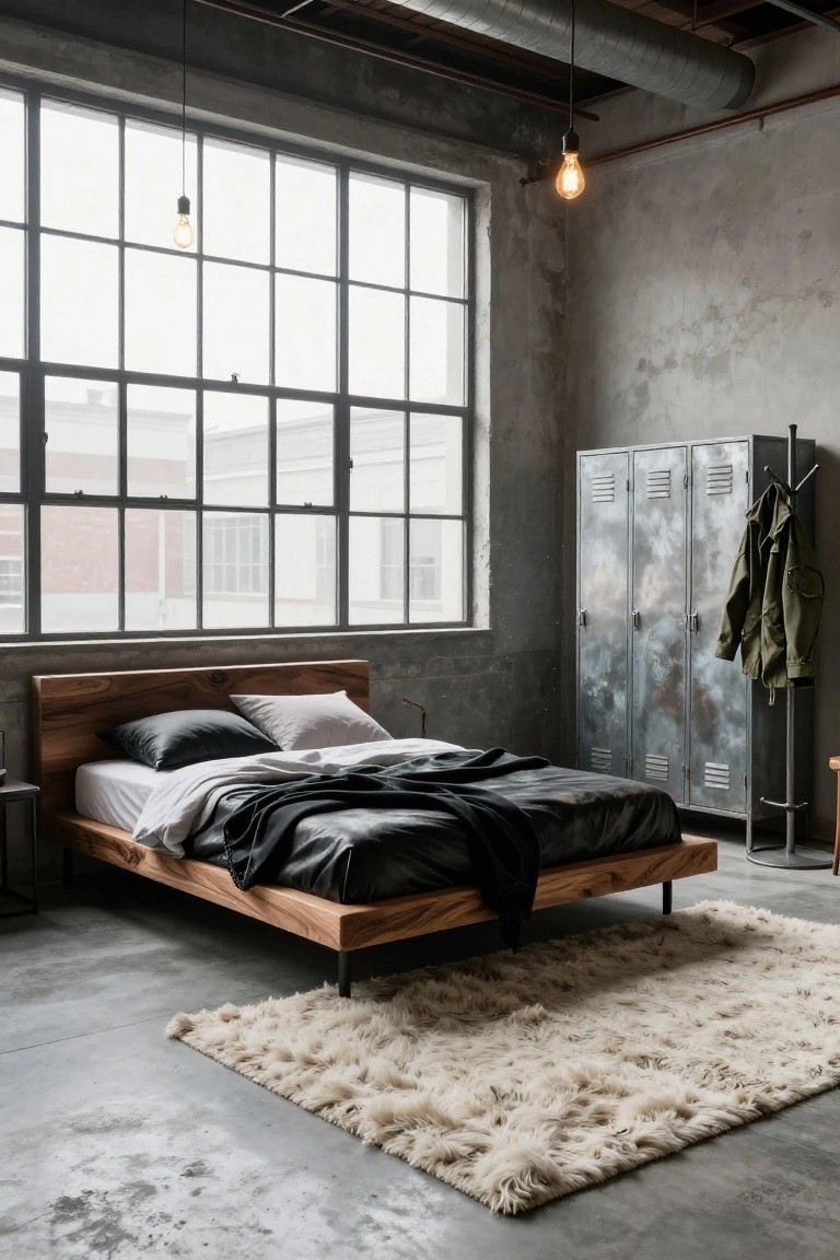 Industrial bedroom with polished concrete floor and walls, large metal-framed windows, low wooden platform bed with rumpled white sheet black pillows and dark blanket, three tall weathered metal lockers with green jacket hanging on attached rack, and large white shag rug.