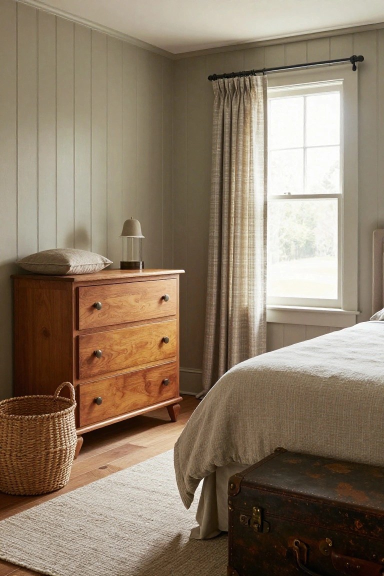 Bedroom corner with light gray vertical shiplap walls, wooden three-drawer dresser with brass knobs next to a bed covered in white linens, window with beige pleated curtains, glass table lamp, wicker basket on floor, and vintage leather trunk at bed foot.