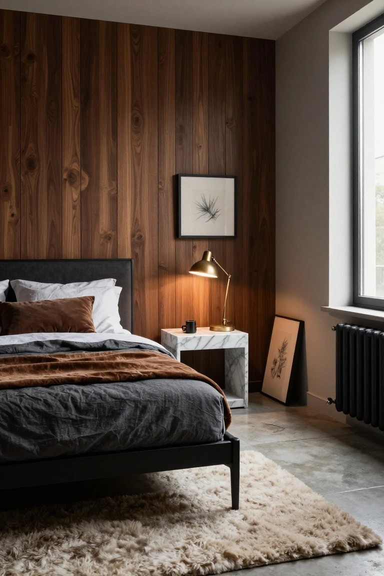 Corner of a modern bedroom with vertical dark wood paneling on one wall, black upholstered bed with gray sheets and rust-colored throw, white marble side table holding brass lamp and mug, and a tall window with black radiator below.