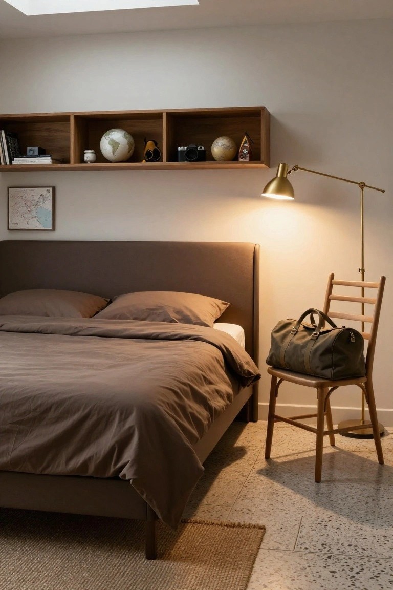Bedroom interior with taupe bed linens on a low platform bed, floating wooden shelves above displaying books, globes, and a camera, a wooden ladder-back chair with a green canvas duffel bag beside the bed, brass arc floor lamp, and terrazzo floor.