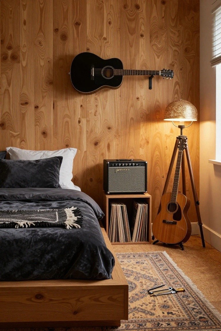 Bedroom interior with vertical light wood-paneled walls, black acoustic guitar mounted on wall, black Vox amplifier beside wood shelf of vinyl records, low platform bed with black velvet duvet and white pillows, tan acoustic guitar on wooden tripod stand, gold fabric tripod lamp, and patterned rug on wood floor.