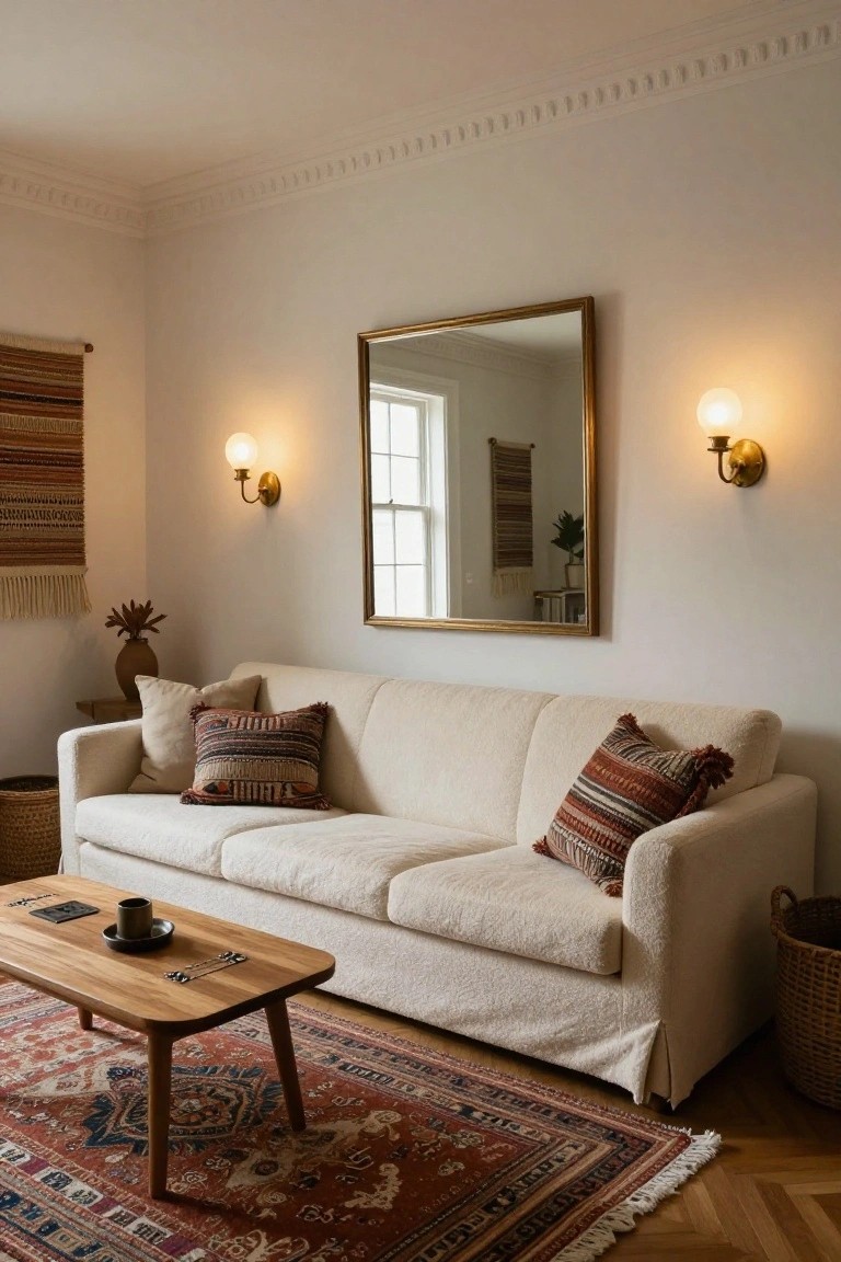 White-walled living room with cream slipcovered sofa, colorful patterned pillows, wooden coffee table with cup and tray, red and blue Persian rug, gold-framed mirror, wall sconces, woven wall hanging, potted plant, and wicker baskets on hardwood floors.