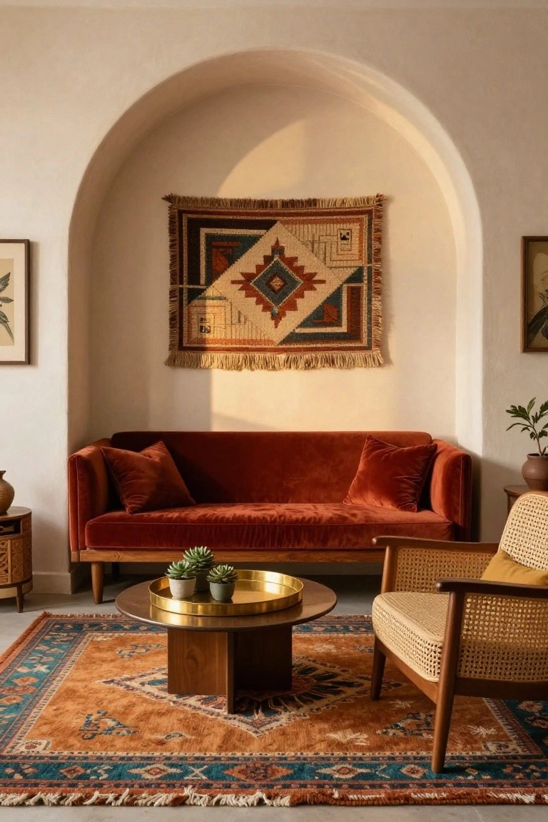 A living room with a burnt orange velvet sofa and yellow cushions, a rattan armchair with yellow cushion, brass coffee table holding potted succulents, on a blue and orange patterned rug, a woven geometric tapestry in a white arched wall niche, flanked by framed botanical prints and potted plants.
