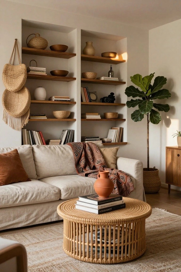 A neutral-toned living room with built-in wooden shelves displaying ceramics, books, woven baskets, and plants, a beige linen sofa with rust pillows and throw, round rattan coffee table with stacked books, and a tall fiddle leaf fig plant in a basket.