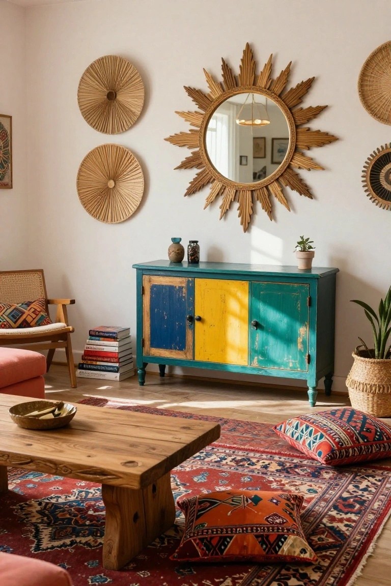 Living room with white walls, large gold sunburst mirror, multiple woven straw wall hangings, turquoise and yellow credenza topped with pottery and plants, rattan armchair, wooden coffee table, patterned pillows, and red Persian-style rug.