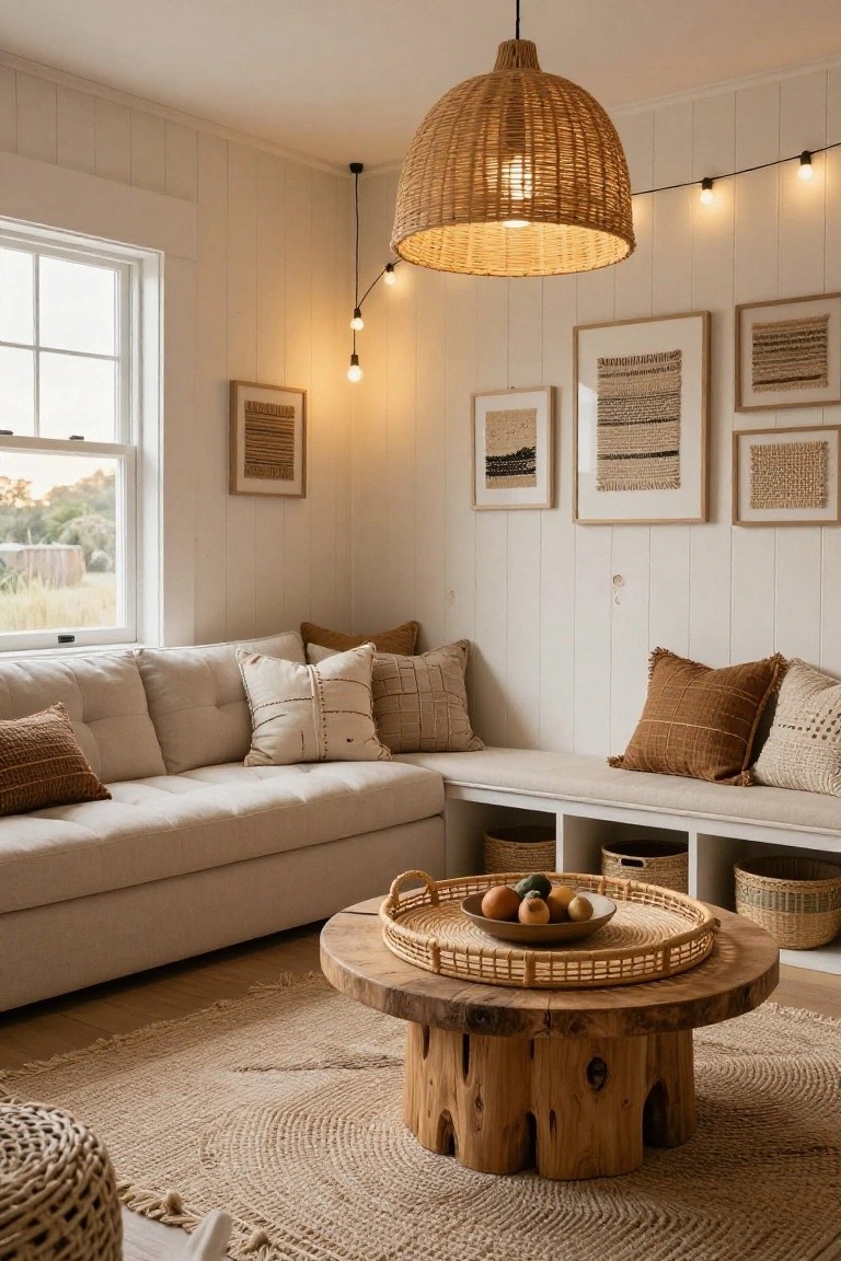 Cozy living room with a neutral sofa, wooden coffee table, and woven decor.