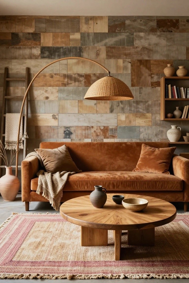 A living room with a burnt orange velvet sofa facing a textured wood plank accent wall, wooden arched floor lamp with rattan shade, round wooden coffee table with pottery, and pink-beige fringed rug.