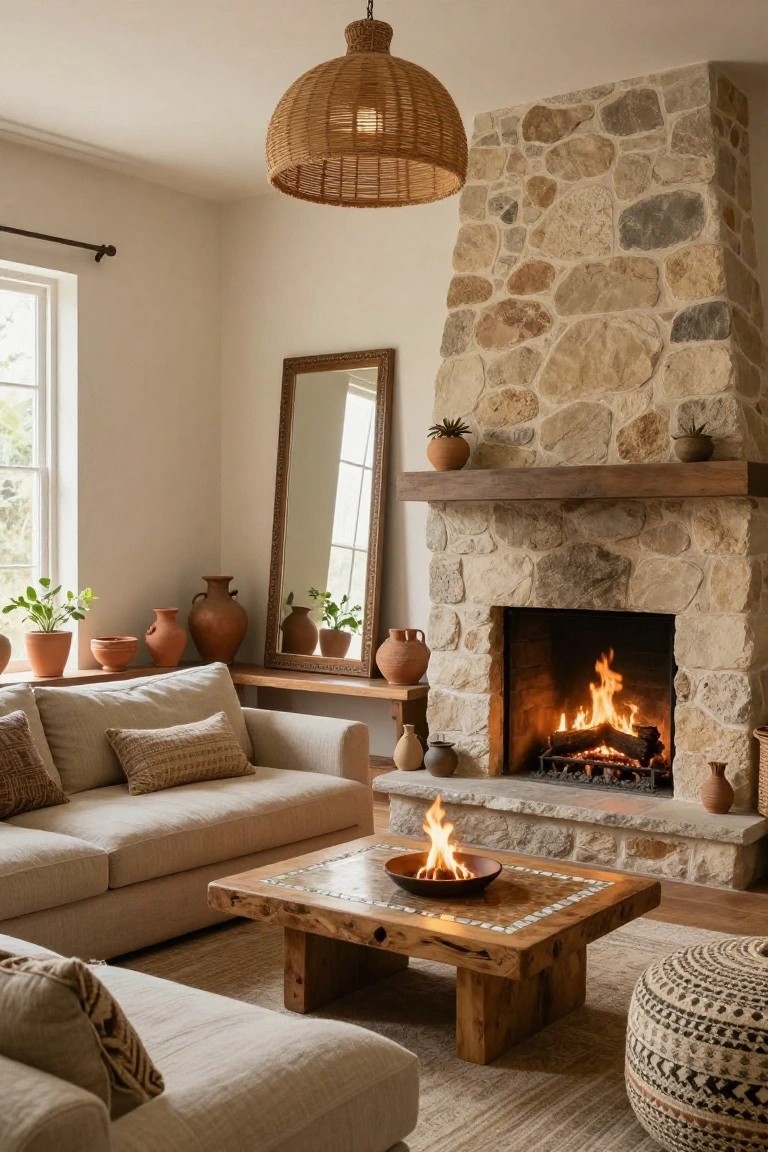 Living room with tall beige stone fireplace, wooden mantel holding terracotta pots, beige linen sofa, wooden coffee table with fire bowl, woven pendant light, and large mirror near window.