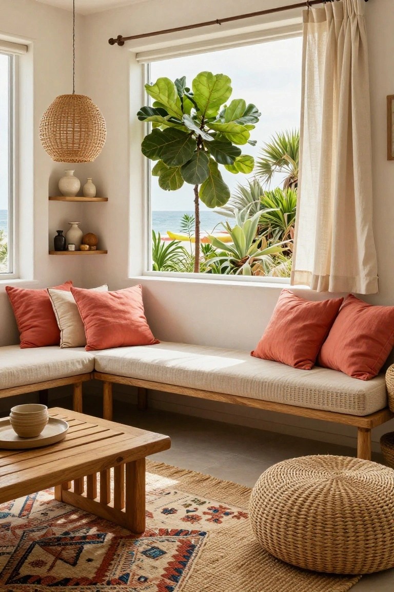 A bright boho living room corner with an L-shaped wooden bench topped with orange and white cushions, a low wooden coffee table with a ceramic bowl, a woven rattan pouf, rattan hanging lamp, floating shelves with pottery and plants, and large windows showing palm trees and beach view.