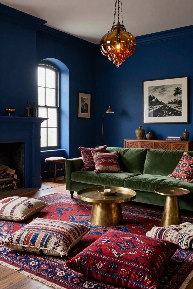 A living room with deep navy blue walls, emerald green velvet sofa, brass side tables, colorful ethnic pillows and floor cushions, and a red and blue Persian rug on wood floors.