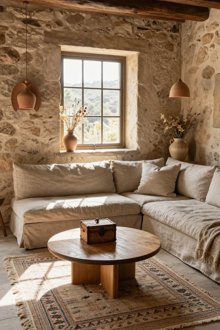 Cozy living room corner featuring exposed beige stone walls, L-shaped sofa with beige linen slipcovers and pillows, round wooden coffee table with wooden box, terracotta vases holding dried flowers, hanging terracotta pendant lights, and a window showing green landscape outside.