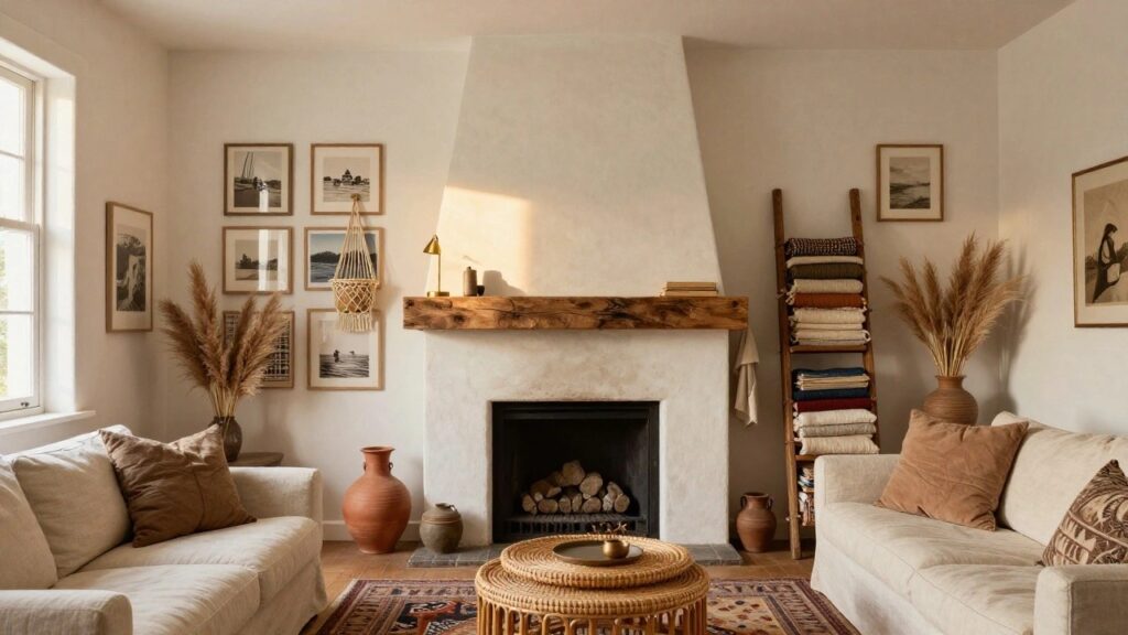 25 Cozy Boho Living Room Ideas Full of Personality Living room with white walls, wooden beam mantel over a stone fireplace, gallery of small framed landscape photos above, pampas grass in terracotta pots beside, rattan coffee table on red and blue patterned rug, beige sofa, and bookshelves.