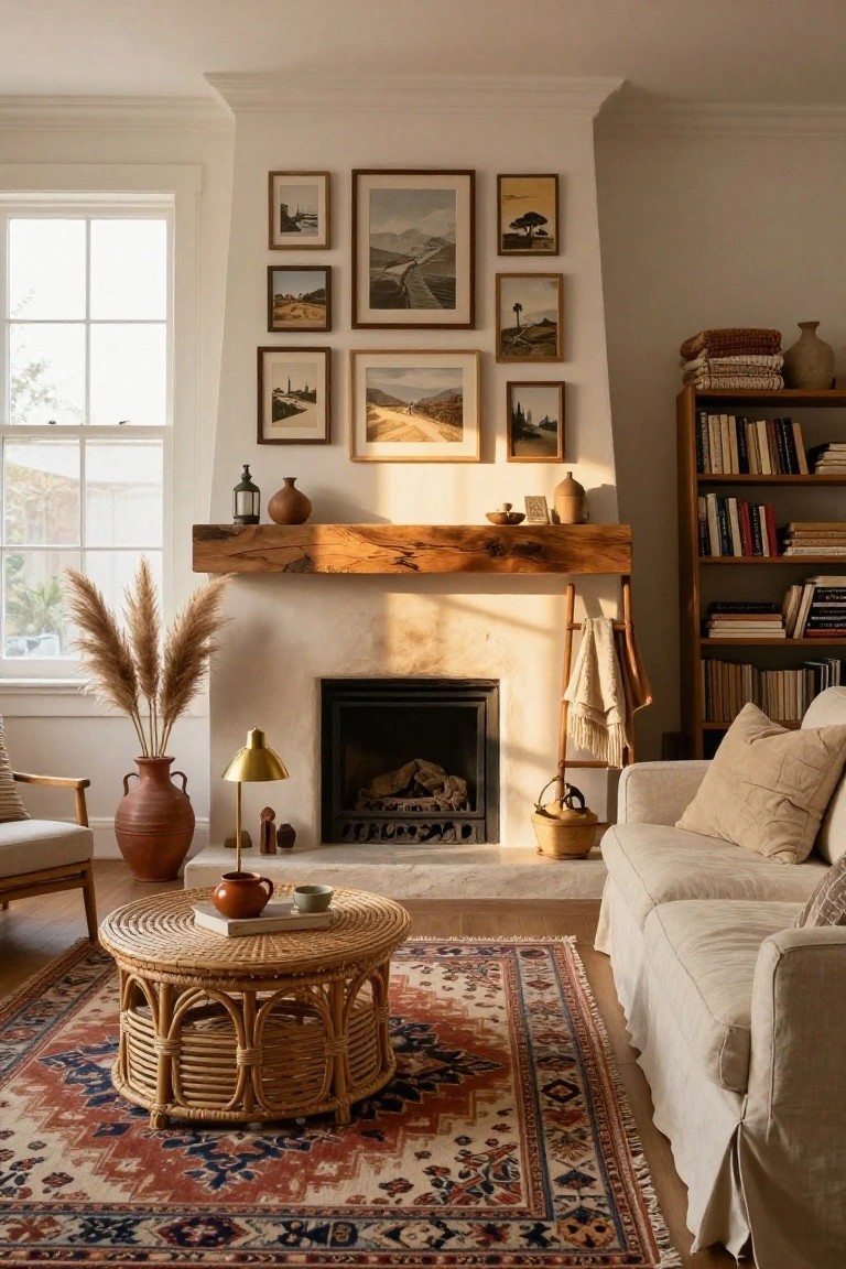 Living room with white walls, wooden beam mantel over a stone fireplace, gallery of small framed landscape photos above, pampas grass in terracotta pots beside, rattan coffee table on red and blue patterned rug, beige sofa, and bookshelves.