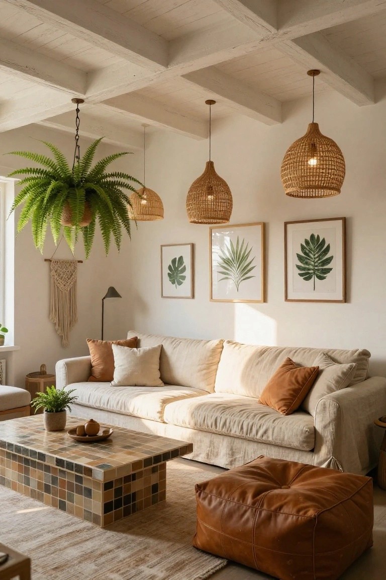 A bright boho living room featuring a cream slipcovered sofa with rust and white pillows, a low terracotta-tiled coffee table holding a tray with oranges and a teapot, a brown leather ottoman, three hanging rattan pendant lights, a large hanging fern plant, green leaf prints on the wall, a macrame wall hanging, and exposed wooden ceiling beams over a textured rug.