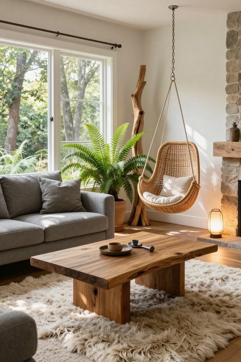 Living room with gray sofa, live-edge wooden coffee table, hanging rattan egg chair with white cushions next to a large potted fern, stone fireplace, and large windows overlooking trees.