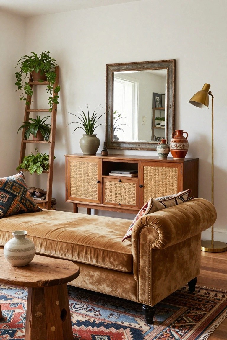 Cozy boho living room corner with wooden ladder holding multiple potted plants, rattan credenza topped with pottery and books, tufted velvet chaise lounge with patterned pillows, small wooden stool, and blue-and-red rug on hardwood floor.