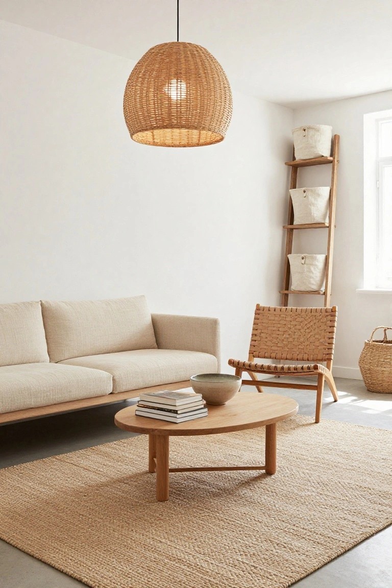 A bright living room corner with cream sofa, rattan armchair, oval wooden coffee table holding stacked books and ceramic bowl, woven pendant lamp, wooden ladder shelf holding white canvas baskets, seagrass rug, and large window.