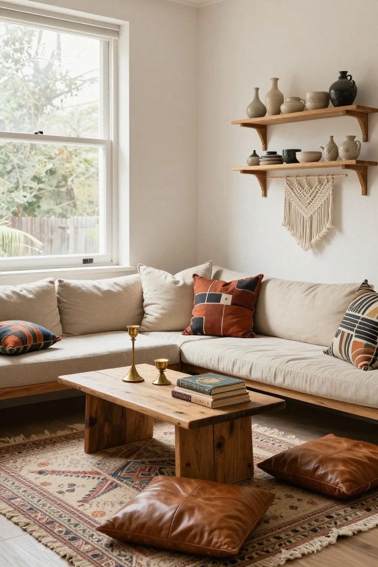 A bright living room corner with beige linen sofa, low wooden coffee table holding books and candlesticks, leather floor poufs on a patterned rug, and wooden floating shelves displaying assorted ceramic pottery and vessels near a large window.