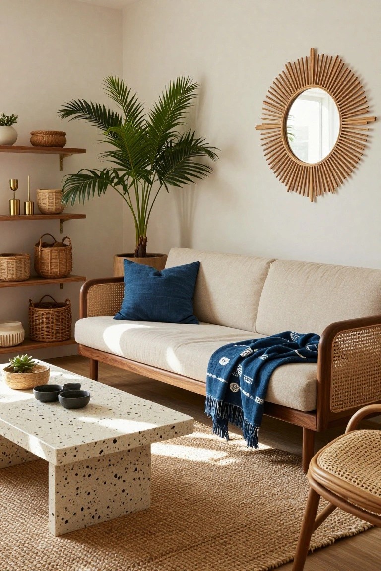 A bright living room with a cream sofa featuring rattan arms, a matching rattan chair, speckled coffee table, potted plants, woven baskets on wooden shelves, blue pillows and throw, and a wooden sunburst mirror on a white wall.