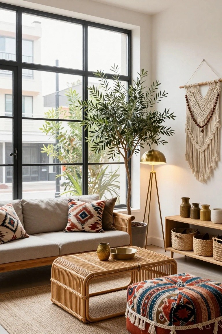 A boho-style living room with a light gray rattan sofa topped with patterned pillows, curved rattan coffee table, embroidered ottoman, tall potted olive tree, macrame wall hanging, gold floor lamp, and wooden shelves beside large black-framed windows.