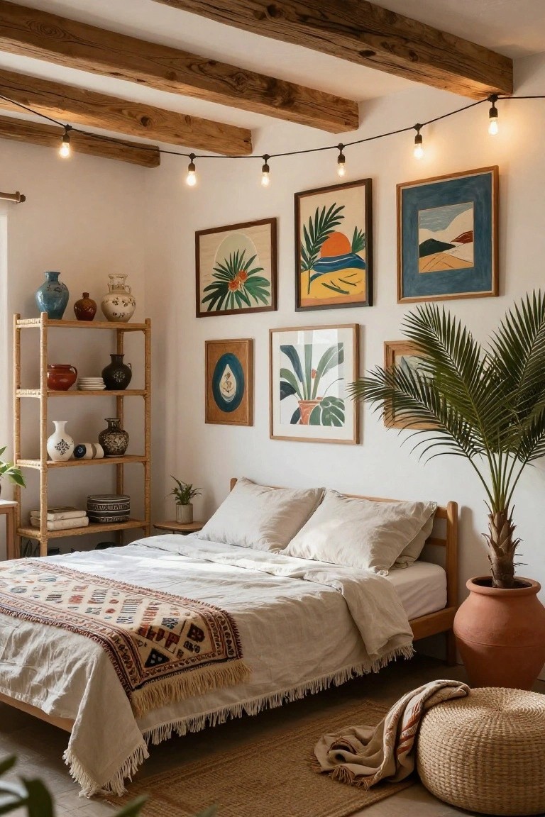 Bedroom with exposed wooden ceiling beams strung with Edison bulb lights, white walls displaying colorful abstract art prints, tall rattan shelving unit filled with assorted ceramics vases pots and plants, wooden bed draped in white linens with woven runner, potted palm tree in terracotta pot, throw blanket, wicker pouf, and seagrass rug on floor.