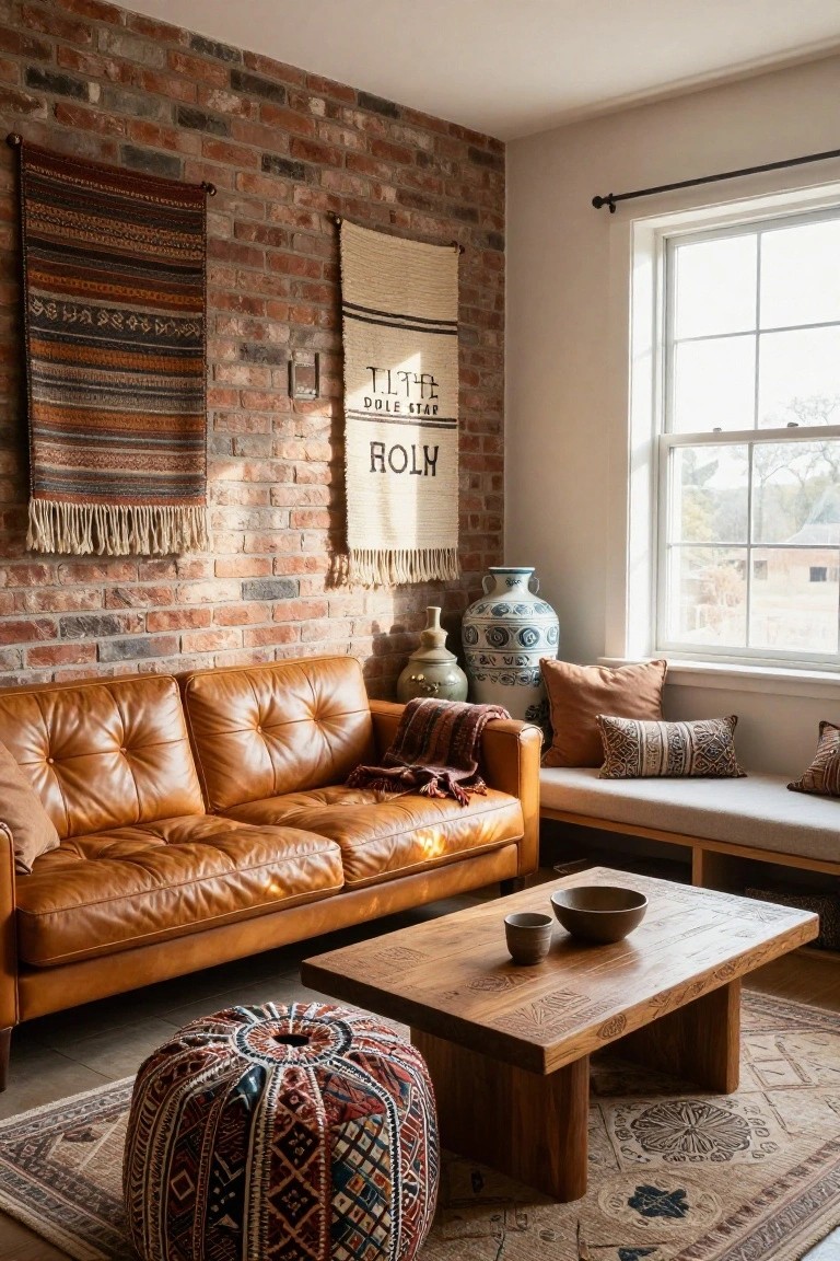 Cozy living room with tan leather tufted sofa against exposed brick wall hung with two woven textiles, blue and white ceramic vases on floor, wooden coffee table with ceramic bowls, colorful patterned pouf, beige cushions on window bench, and patterned rug on wood floor.