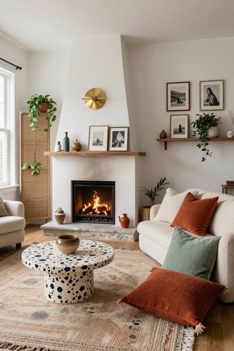 Cozy living room with white fireplace burning logs, cream sofa with rust green and cream pillows, black-spotted white ceramic coffee table on woven rug, potted plants, ceramics on mantel, and black-and-white photos on shelves.