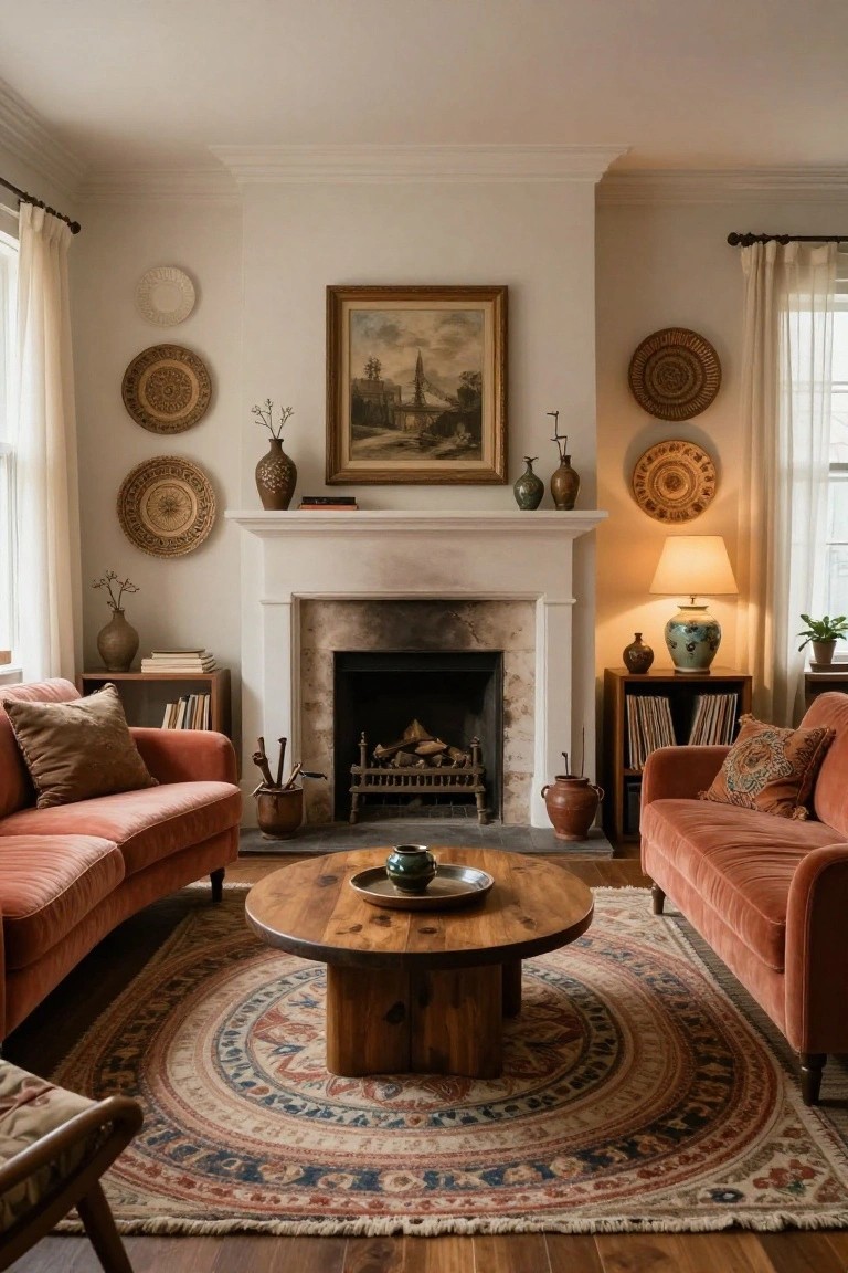 Living room with two terracotta velvet sofas facing a fireplace, woven baskets and plates on white walls, wooden coffee table on round patterned rug, ceramic vases, and warm lighting from lamps.