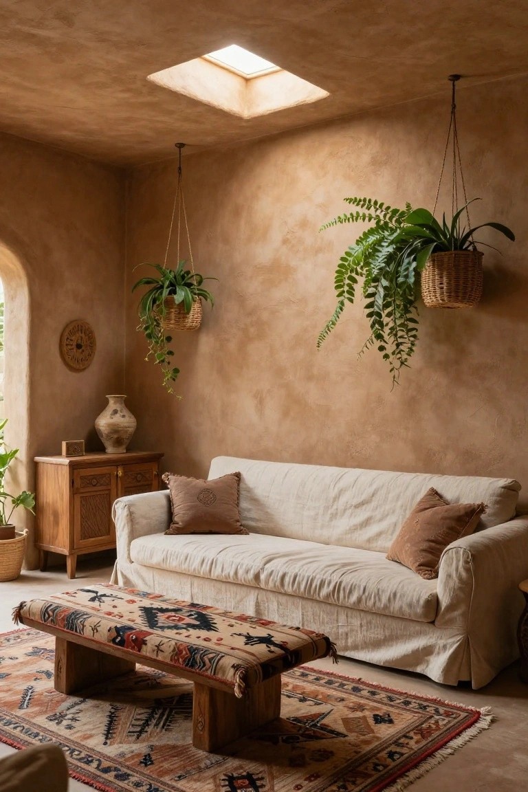 Cozy living room with beige walls, a linen sofa, tribal-patterned rug, and hanging ferns.
