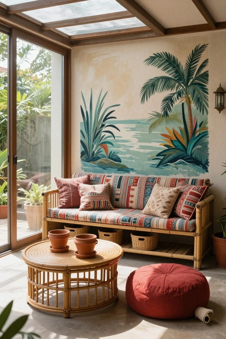Sunlit indoor seating area with rattan sofa covered in colorful patterned cushions, low rattan table holding terracotta pots, red pouf stool, tropical palm tree mural on beige wall, potted plants, and sliding glass doors opening to lush garden.