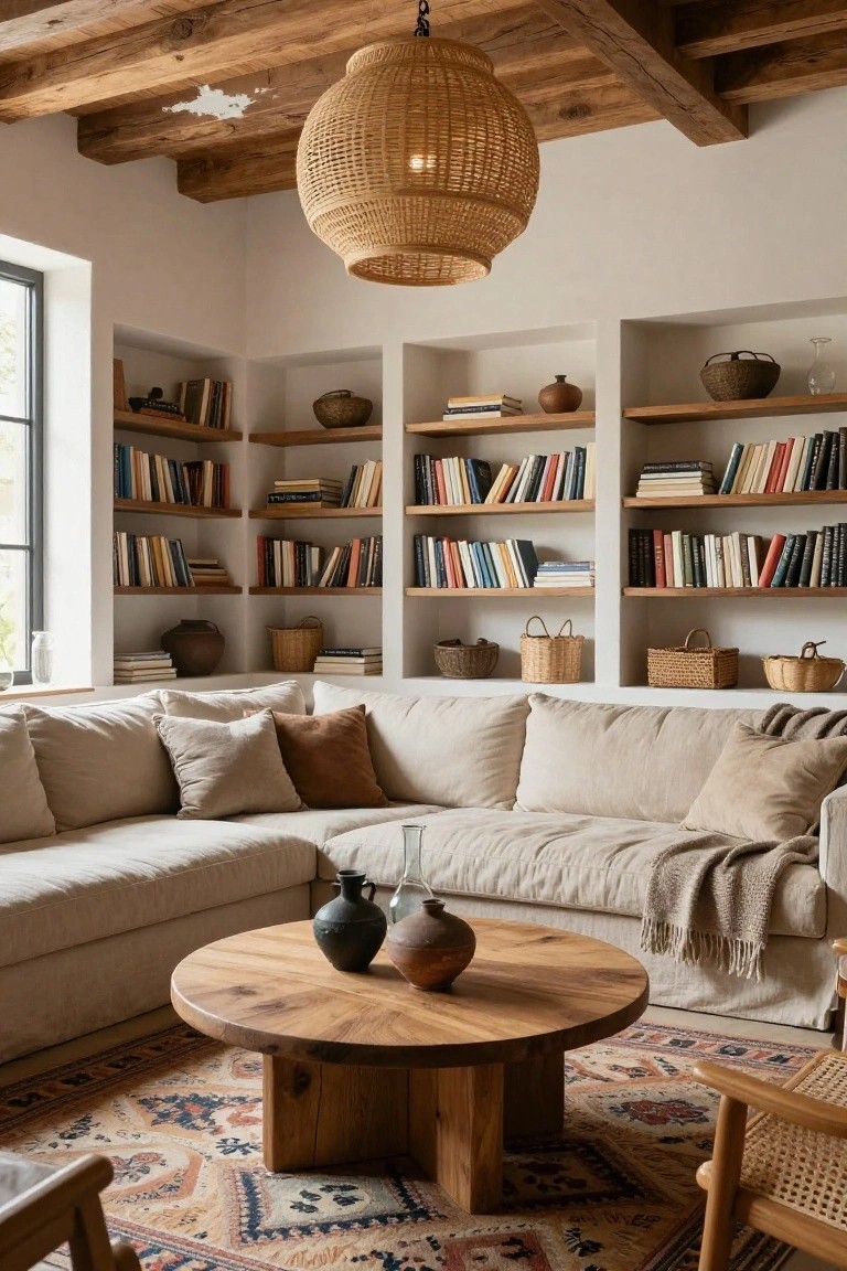 Cozy living room interior with built-in wooden bookshelves around a corner window filled with books, baskets, and pottery, cream L-shaped sofa, round wooden coffee table with vases, rattan pendant light hanging from beamed ceiling, and patterned rug on the floor.